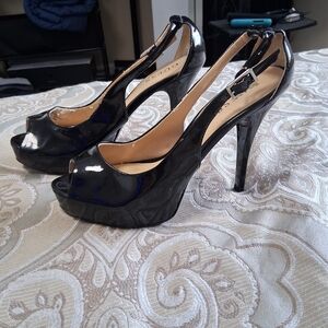 Guess Black Patent Leather Peep-Toe Platform Heels with Ankle Strap